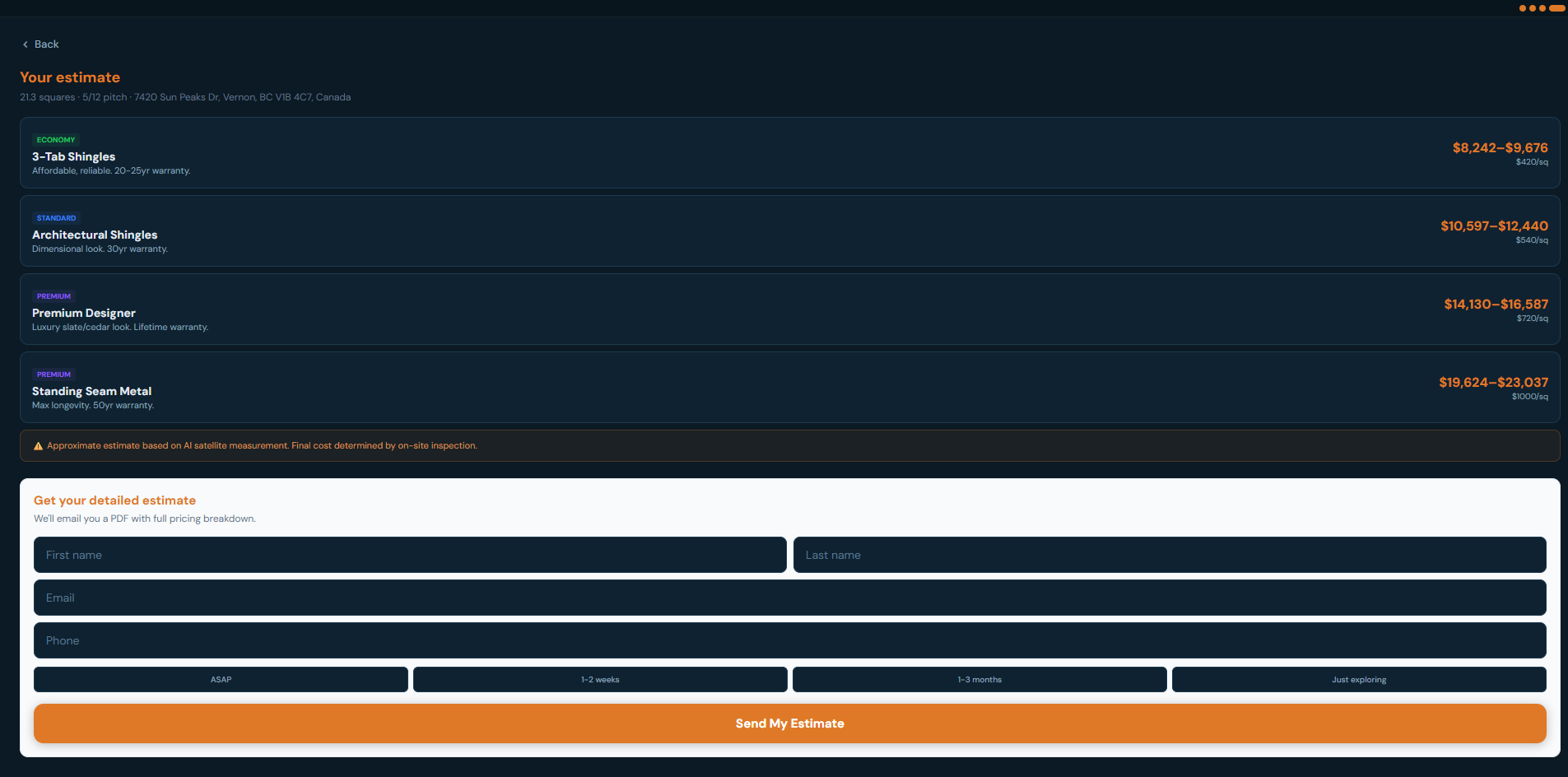 Multi-material roof estimate pricing tiers