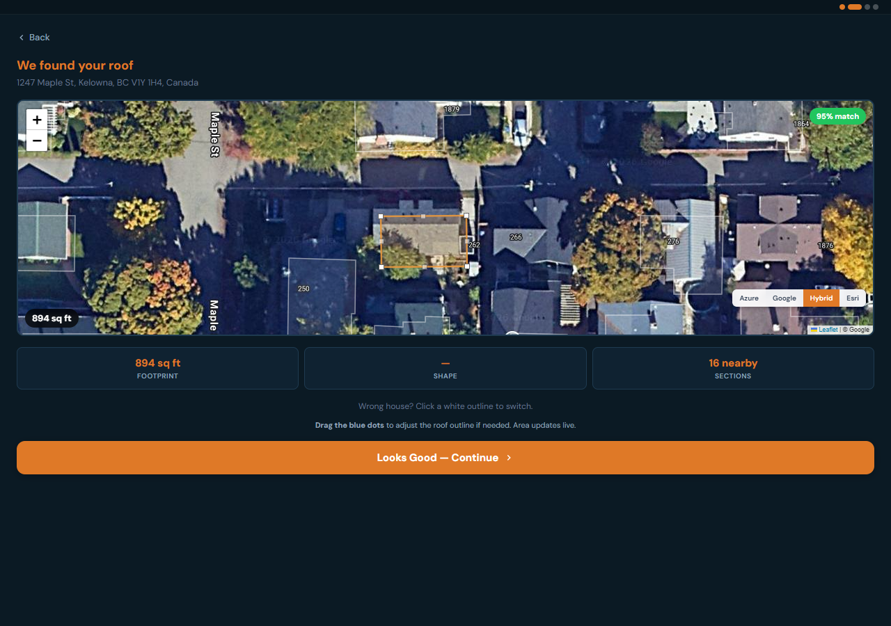 RoofQuote satellite roof detection — 95% match, 894 sq ft residential roof in Kelowna with polygon overlay and 16 nearby buildings detected