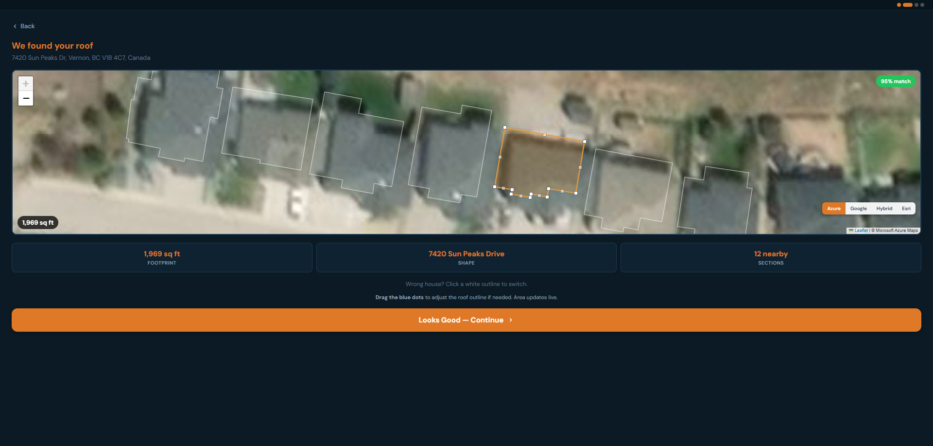 RoofQuote satellite roof detection showing highlighted building with 95% match confidence