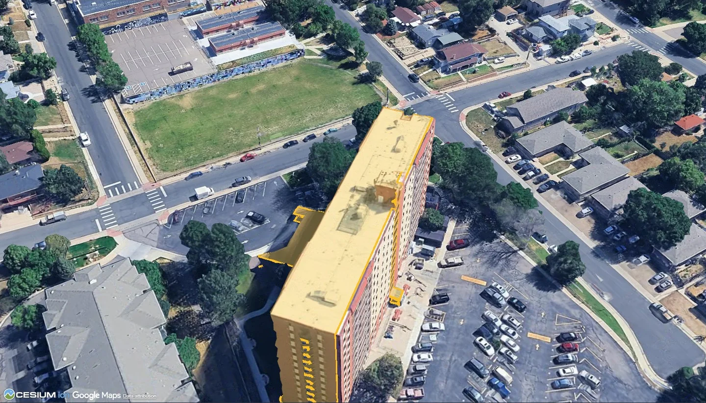 A 13-storey building in 3D with the RoofQuote roof outline painted onto its roof