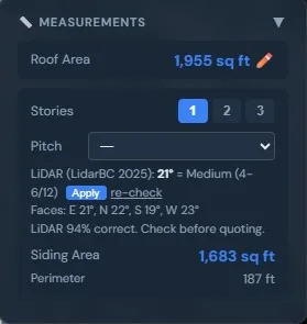 LiDAR pitch reading in the measurement tool: 21 degrees, Medium, with pitch for each roof face and an Apply button