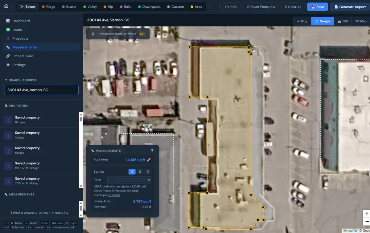 RoofQuote measurement tool with a building outlined on satellite imagery, ridge, gutter, valley, hip, rake, downspout and area tools, and roof area, siding area and perimeter