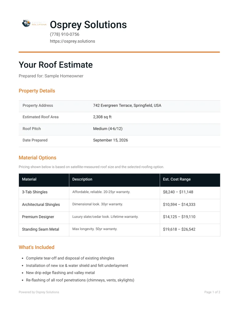 Branded PDF roof estimate with company logo, property details and four material price ranges