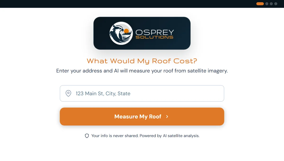 The RoofQuote live demo, branded for Osprey Solutions, asking What Would My Roof Cost with an address field and a Measure My Roof button